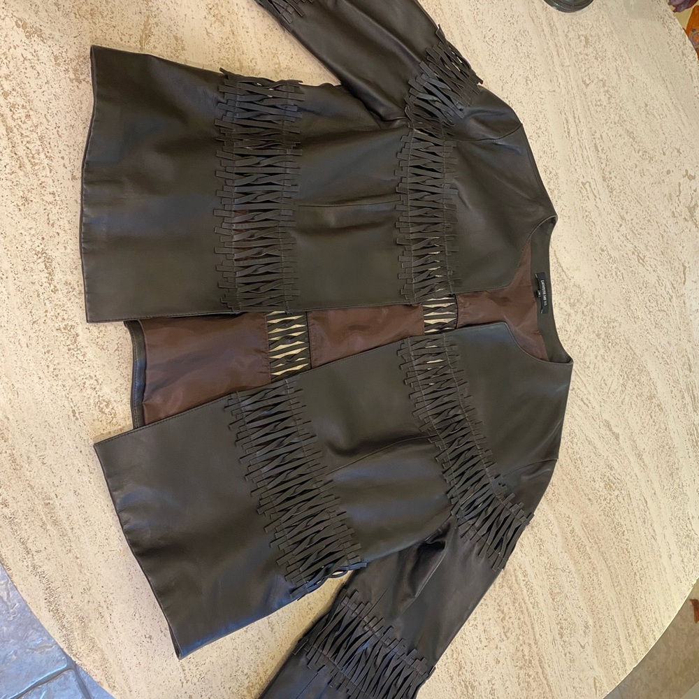 Lafayette 148 New York Dark Brown Leather Jacket with Fringe Accents - Picture 10 of 10